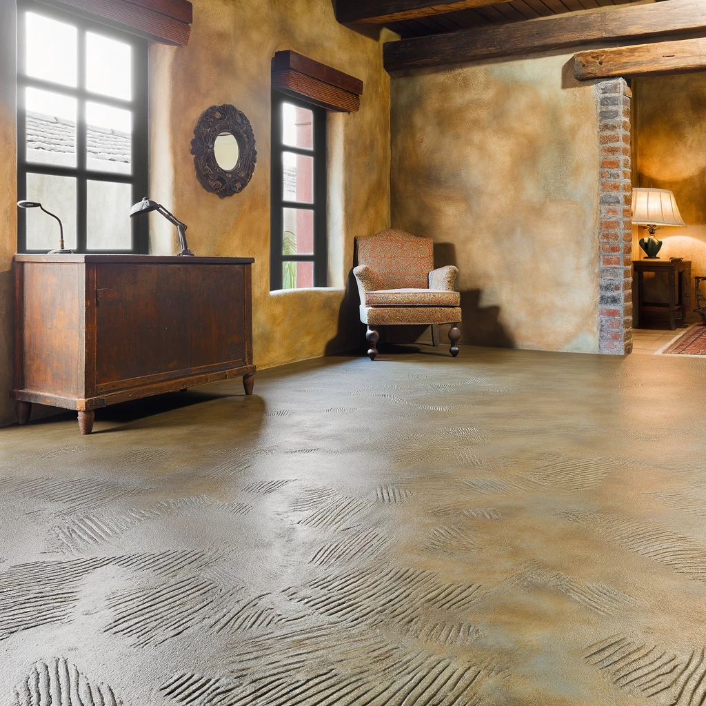 images of a rustic room featuring broom finish concrete floors