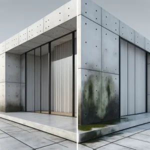 images of a modern house with concrete elements, one with pristine concrete and the other with visible mold.